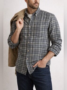 Portuguese Flannel Plaid Button Down Shirt Gray Cotton Size S